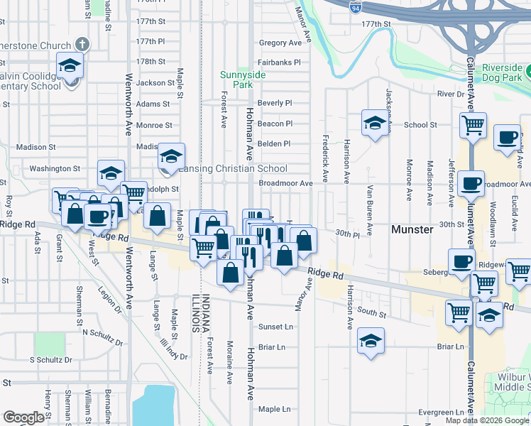 map of restaurants, bars, coffee shops, grocery stores, and more near 8145 Hohman Avenue in Munster