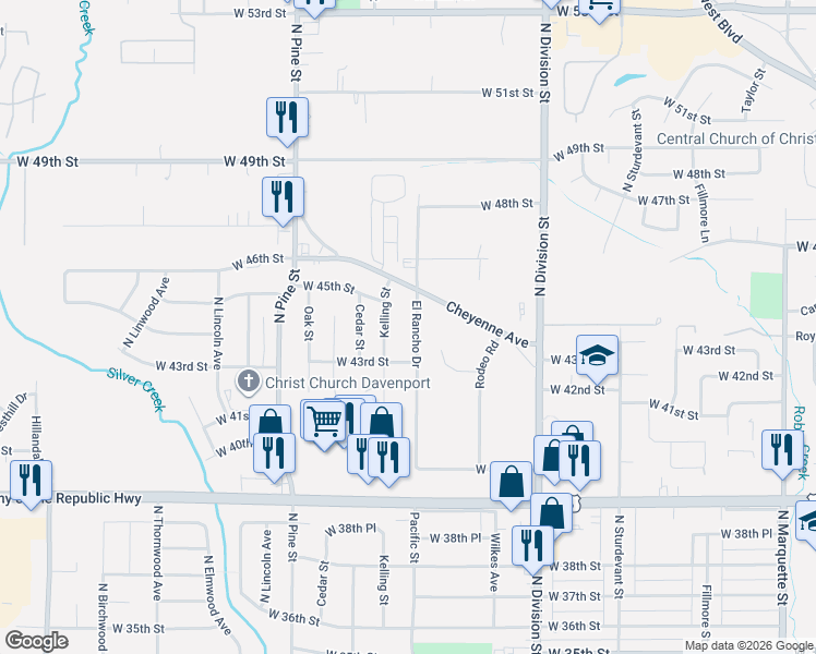 map of restaurants, bars, coffee shops, grocery stores, and more near 4336 El Rancho Drive in Davenport