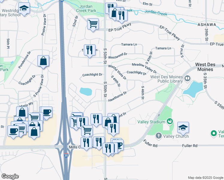 map of restaurants, bars, coffee shops, grocery stores, and more near 442 South 49th Court in West Des Moines