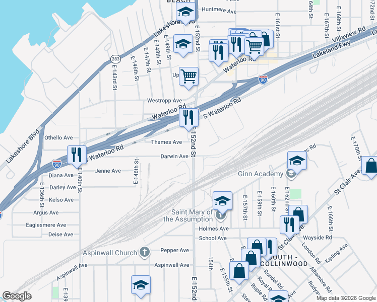 map of restaurants, bars, coffee shops, grocery stores, and more near 588 East 152nd Street in Cleveland