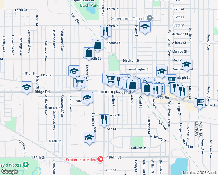 map of restaurants, bars, coffee shops, grocery stores, and more near in Lansing