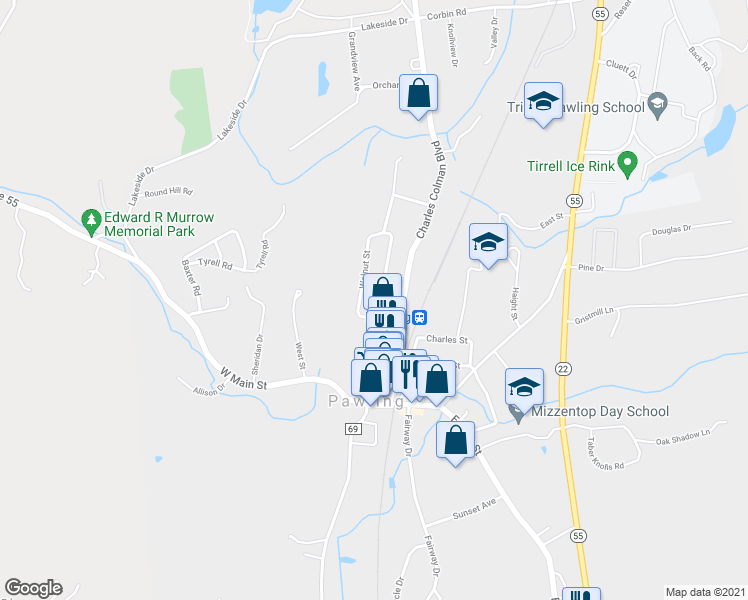 map of restaurants, bars, coffee shops, grocery stores, and more near 24 Elm Street in Pawling