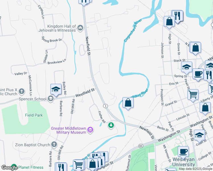 map of restaurants, bars, coffee shops, grocery stores, and more near 143 Rose Circle in Middletown