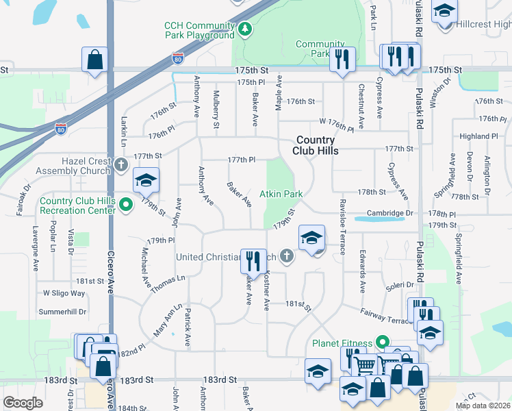 map of restaurants, bars, coffee shops, grocery stores, and more near 17841 Baker Avenue in Country Club Hills