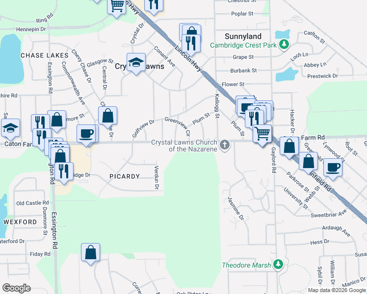 map of restaurants, bars, coffee shops, grocery stores, and more near 2730 Caton Farm Road in Joliet