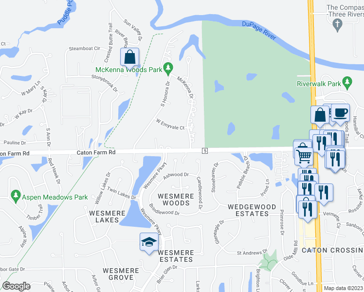 map of restaurants, bars, coffee shops, grocery stores, and more near 24448 Caton Farm Road in Plainfield