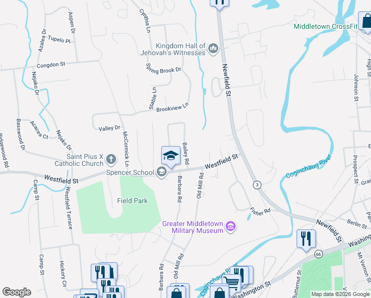 map of restaurants, bars, coffee shops, grocery stores, and more near Bailey Road in Middletown