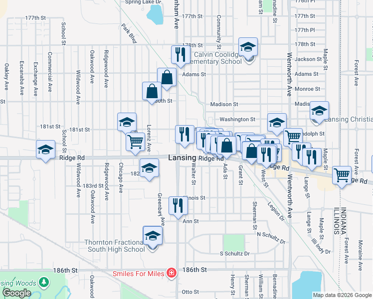map of restaurants, bars, coffee shops, grocery stores, and more near in Lansing