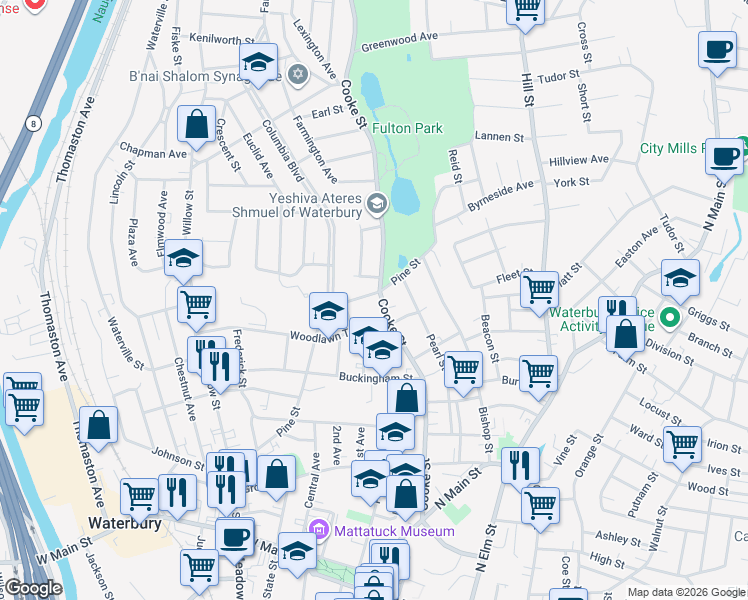 map of restaurants, bars, coffee shops, grocery stores, and more near 14 Woodlawn Terrace in Waterbury