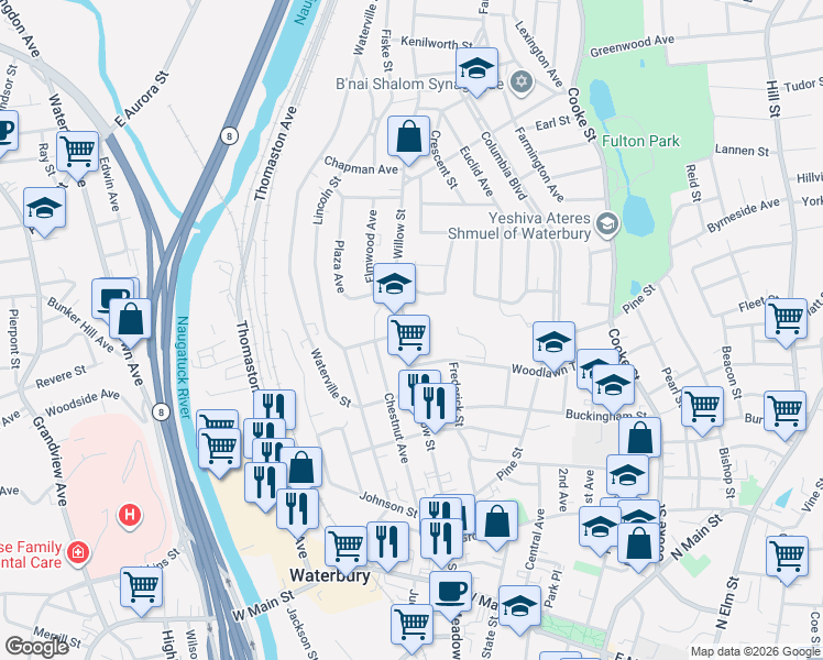map of restaurants, bars, coffee shops, grocery stores, and more near 267 Willow Street in Waterbury