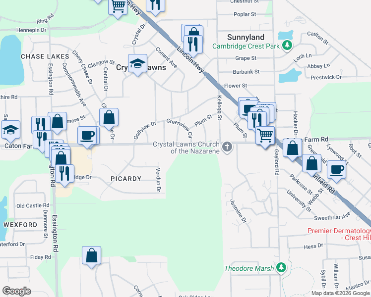 map of restaurants, bars, coffee shops, grocery stores, and more near 2730 Caton Farm Road in Joliet