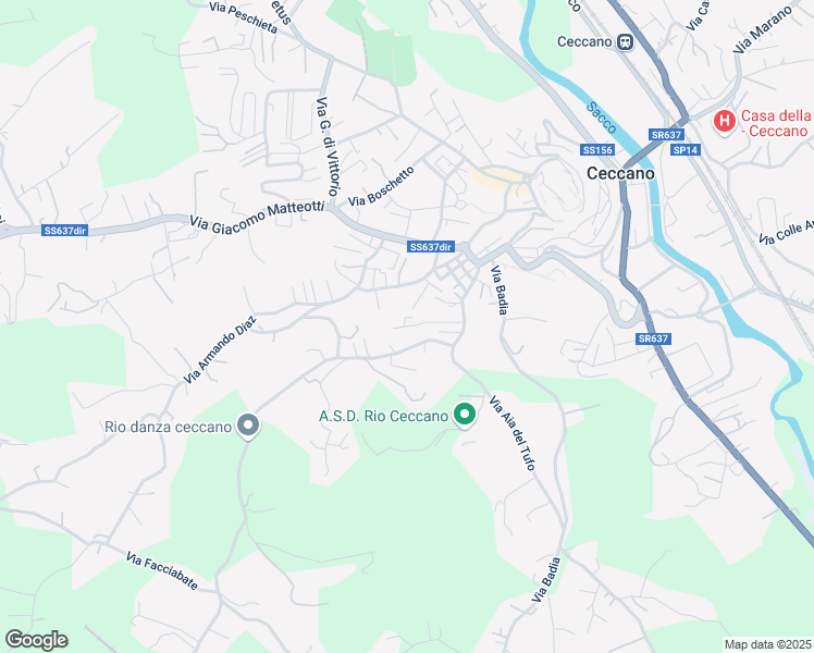 map of restaurants, bars, coffee shops, grocery stores, and more near 156 Via Madonna del Carmine in Ceccano