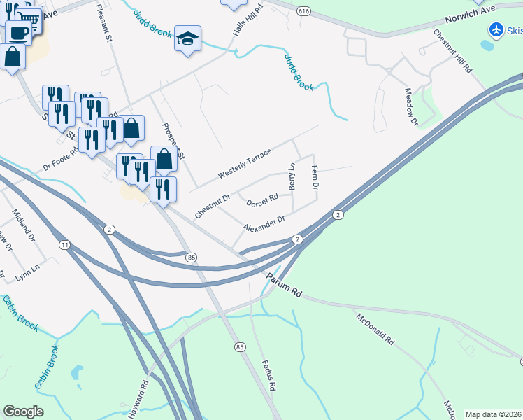 map of restaurants, bars, coffee shops, grocery stores, and more near 91 Alexander Drive in Colchester
