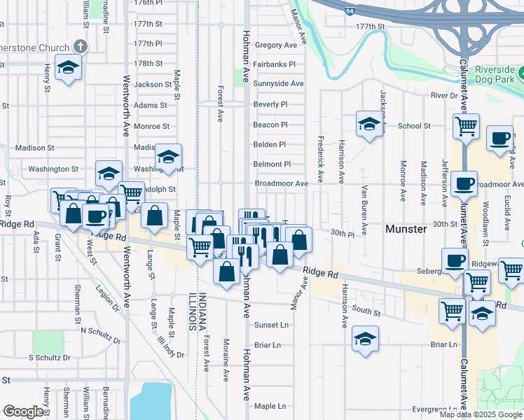 map of restaurants, bars, coffee shops, grocery stores, and more near 8145 Hohman Avenue in Munster
