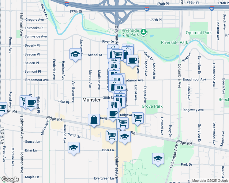 map of restaurants, bars, coffee shops, grocery stores, and more near 8141 Jefferson Ave in Munster