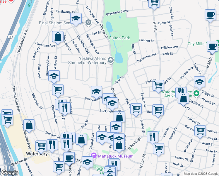 map of restaurants, bars, coffee shops, grocery stores, and more near 14 Woodlawn Terrace in Waterbury