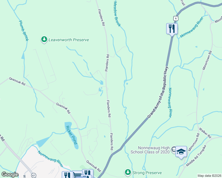 map of restaurants, bars, coffee shops, grocery stores, and more near 98 Flanders Road in Woodbury