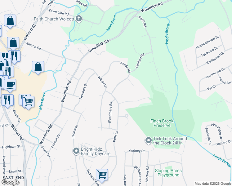 map of restaurants, bars, coffee shops, grocery stores, and more near 377 Beth Lane in Waterbury