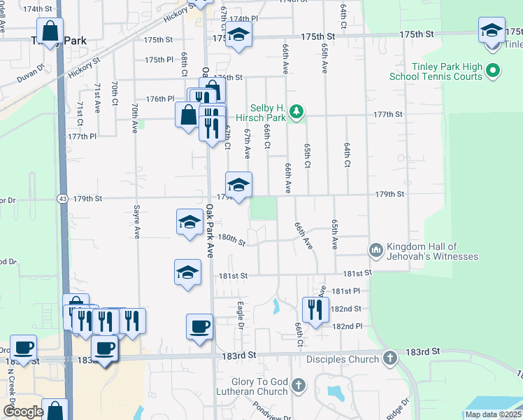 map of restaurants, bars, coffee shops, grocery stores, and more near 6611 179th Street in Tinley Park