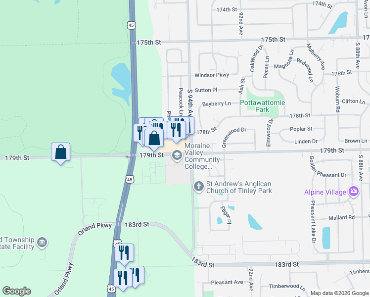 map of restaurants, bars, coffee shops, grocery stores, and more near 9400 179th Street in Tinley Park
