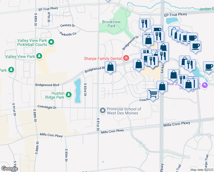 map of restaurants, bars, coffee shops, grocery stores, and more near 7998 Wistful Vista Dr in West Des Moines