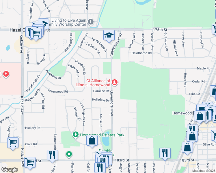 map of restaurants, bars, coffee shops, grocery stores, and more near 17825 Turtle Creek Drive in Homewood