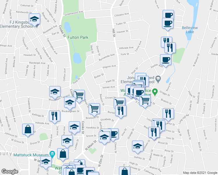 map of restaurants, bars, coffee shops, grocery stores, and more near 25 Barnes Street in Waterbury