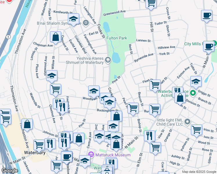 map of restaurants, bars, coffee shops, grocery stores, and more near 14 Woodlawn Terrace in Waterbury