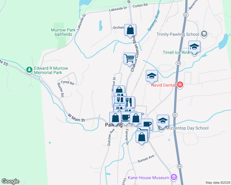 map of restaurants, bars, coffee shops, grocery stores, and more near 19 Elm Street in Pawling