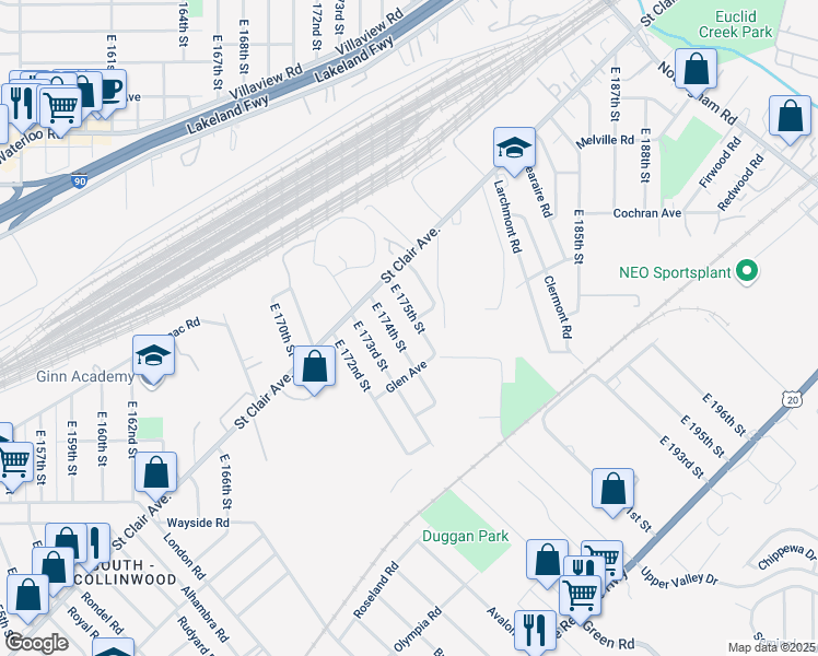 map of restaurants, bars, coffee shops, grocery stores, and more near 1482 East 175th Street in Cleveland