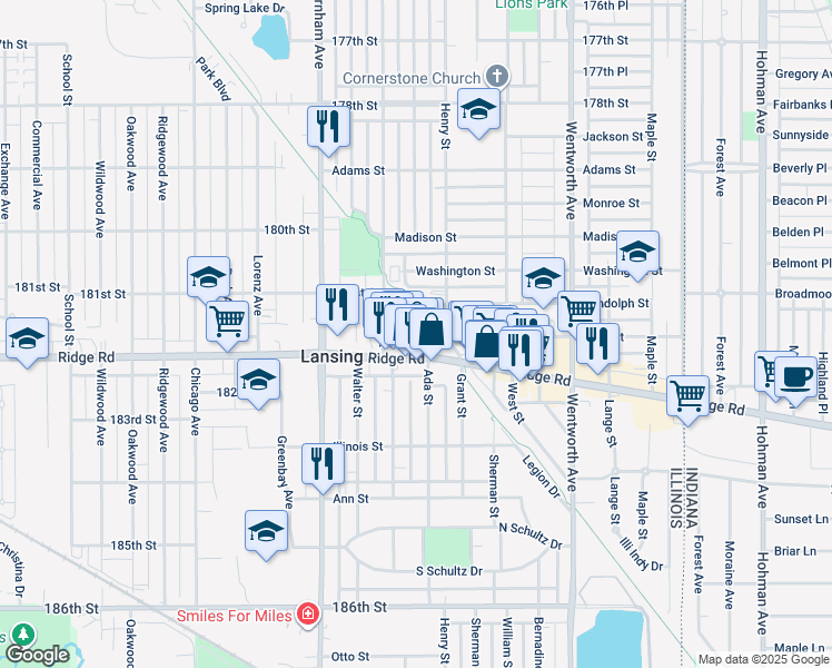 map of restaurants, bars, coffee shops, grocery stores, and more near 3336 Ridge Road in Lansing
