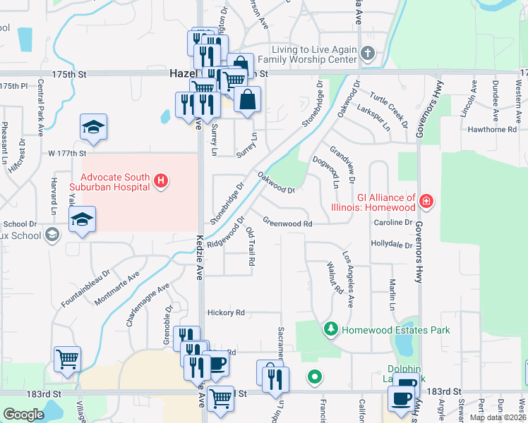 map of restaurants, bars, coffee shops, grocery stores, and more near 3004 Greenwood Road in Hazel Crest