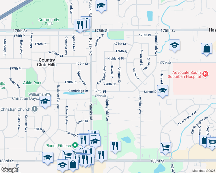 map of restaurants, bars, coffee shops, grocery stores, and more near 3870 178th Place in Country Club Hills