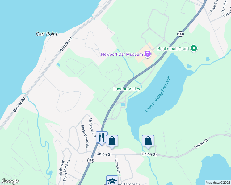 map of restaurants, bars, coffee shops, grocery stores, and more near 2121 West Main Road in Portsmouth