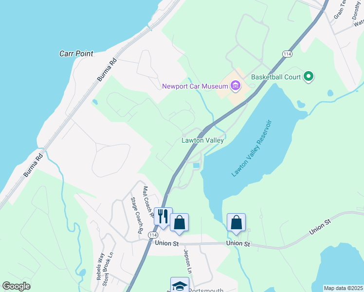 map of restaurants, bars, coffee shops, grocery stores, and more near 2121 West Main Road in Portsmouth