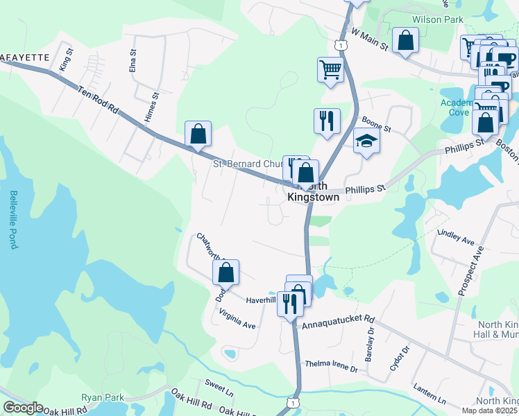 map of restaurants, bars, coffee shops, grocery stores, and more near 50 Spencer Drive in North Kingstown