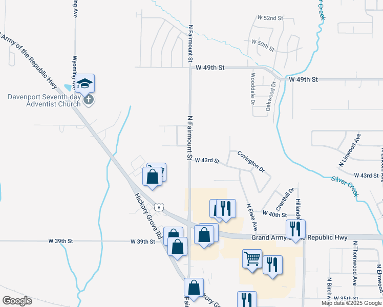 map of restaurants, bars, coffee shops, grocery stores, and more near 4515 North Fairmount Street in Davenport