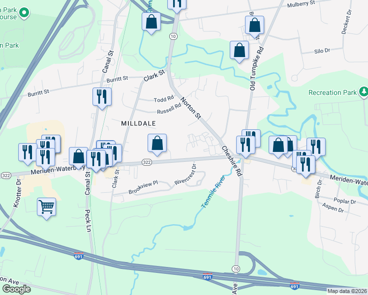 map of restaurants, bars, coffee shops, grocery stores, and more near 1475 Meriden-Waterbury Turnpike in Southington
