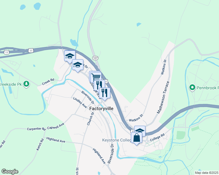 map of restaurants, bars, coffee shops, grocery stores, and more near Route 11 in Factoryville