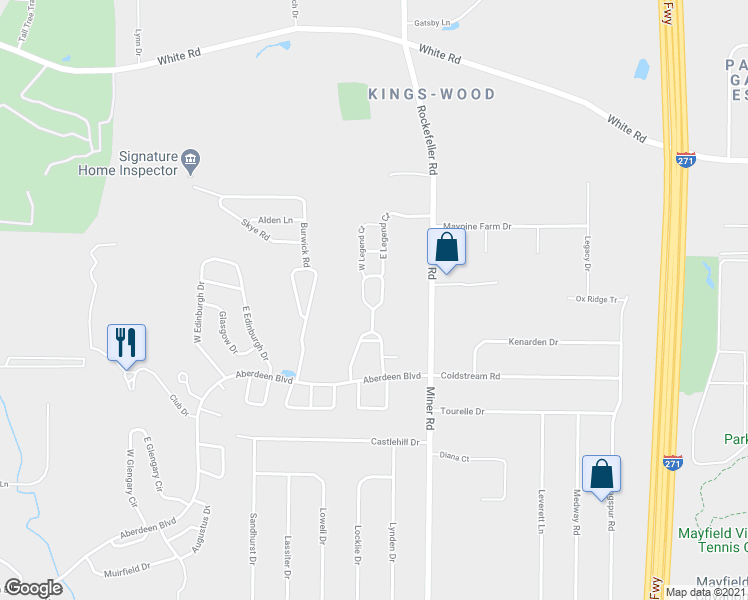map of restaurants, bars, coffee shops, grocery stores, and more near 320 East Legend Court in Highland Heights