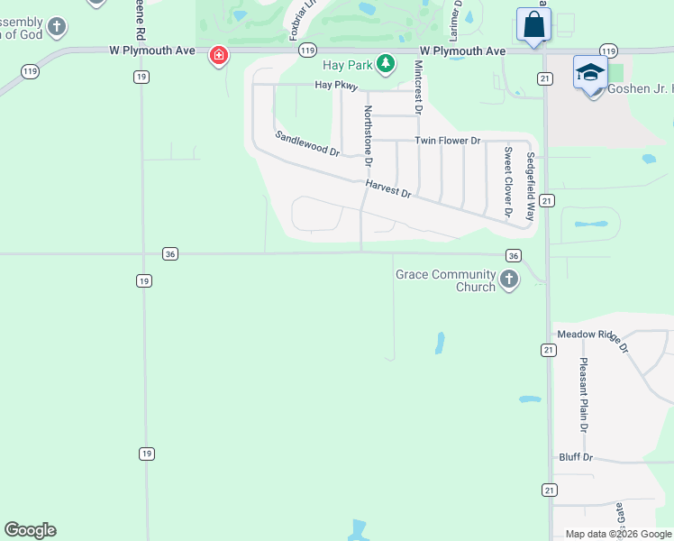 map of restaurants, bars, coffee shops, grocery stores, and more near 20516 County Road 36 in Goshen