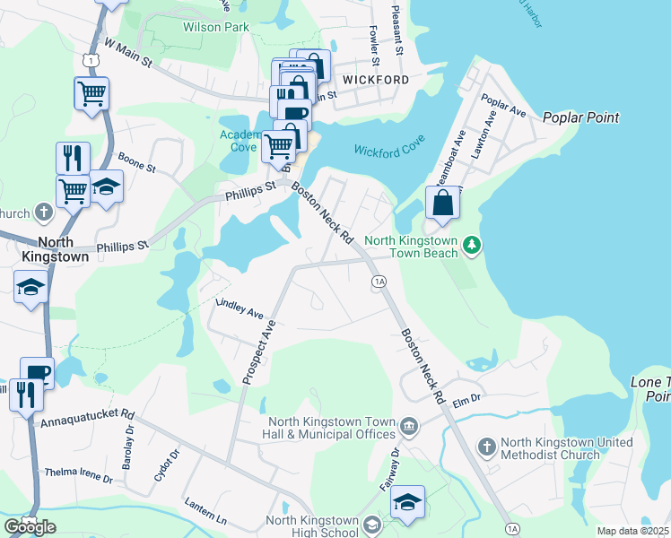 map of restaurants, bars, coffee shops, grocery stores, and more near 36 West Cove Drive in North Kingstown