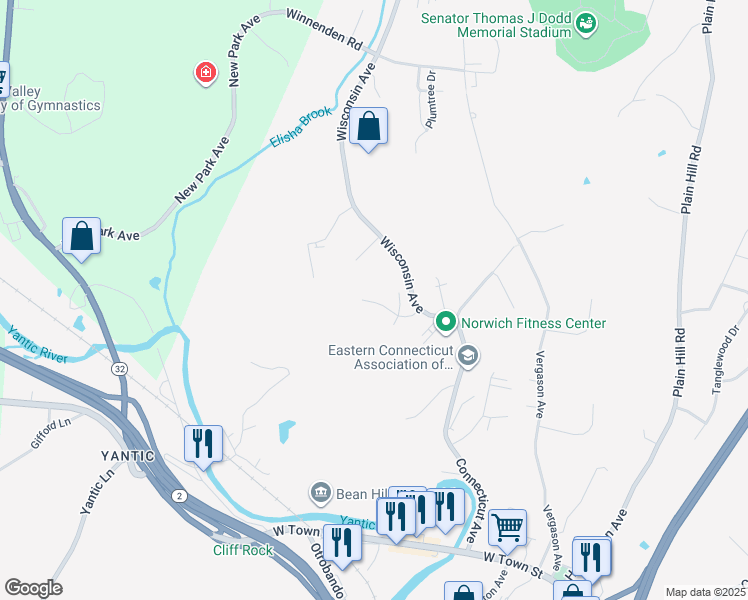 map of restaurants, bars, coffee shops, grocery stores, and more near 5 Woods Drive in Norwich