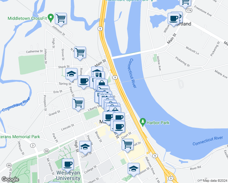 map of restaurants, bars, coffee shops, grocery stores, and more near 44 Green Street in Middletown