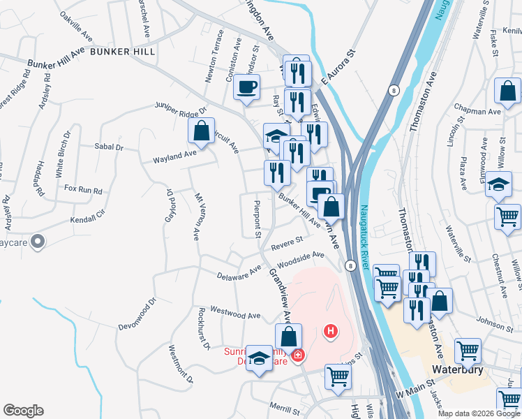 map of restaurants, bars, coffee shops, grocery stores, and more near 54 Pierpont Street in Waterbury