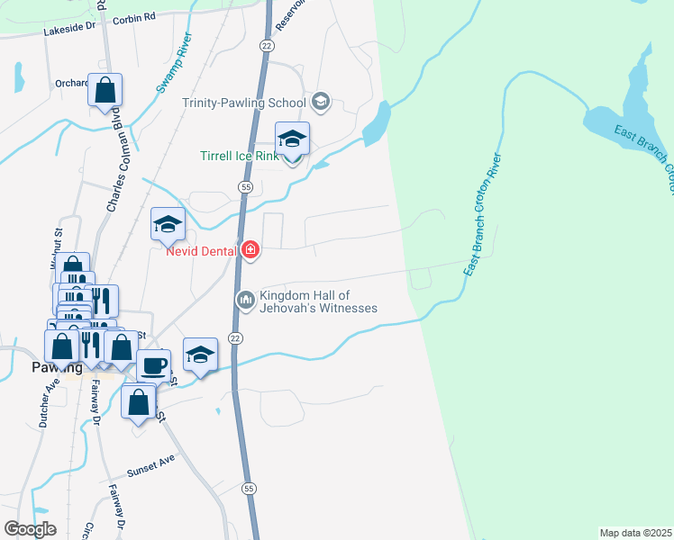 map of restaurants, bars, coffee shops, grocery stores, and more near 33 Gristmill Lane in Pawling