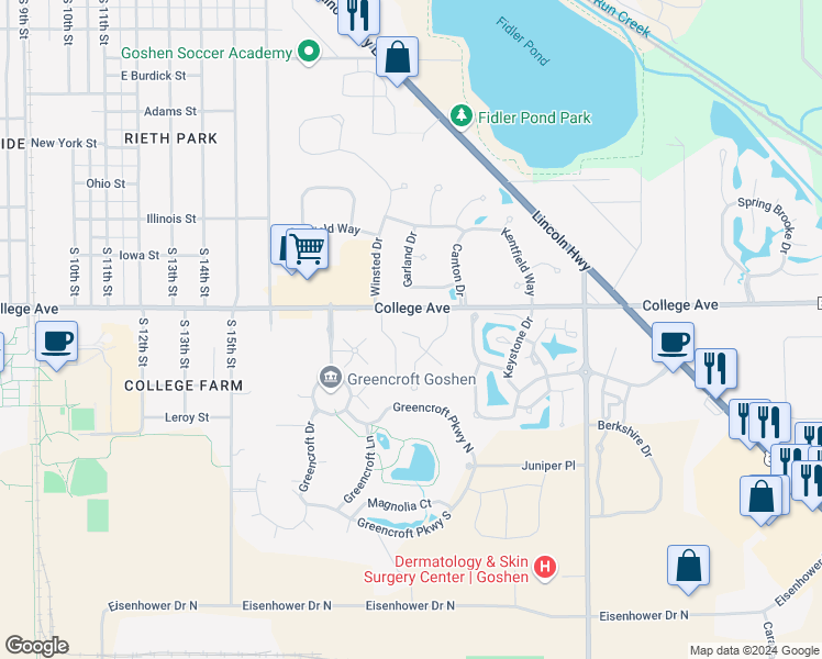 map of restaurants, bars, coffee shops, grocery stores, and more near 1743 College Manor Drive in Goshen