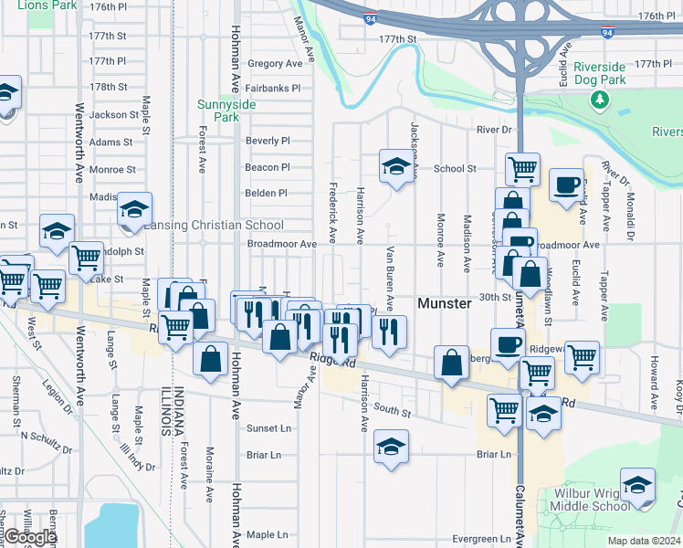 map of restaurants, bars, coffee shops, grocery stores, and more near 8147 Frederick Avenue in Munster