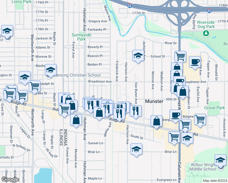 map of restaurants, bars, coffee shops, grocery stores, and more near 8147 Frederick Avenue in Munster