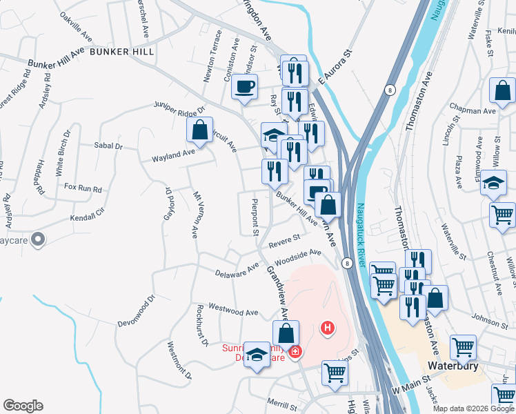 map of restaurants, bars, coffee shops, grocery stores, and more near 54 Pierpont Street in Waterbury